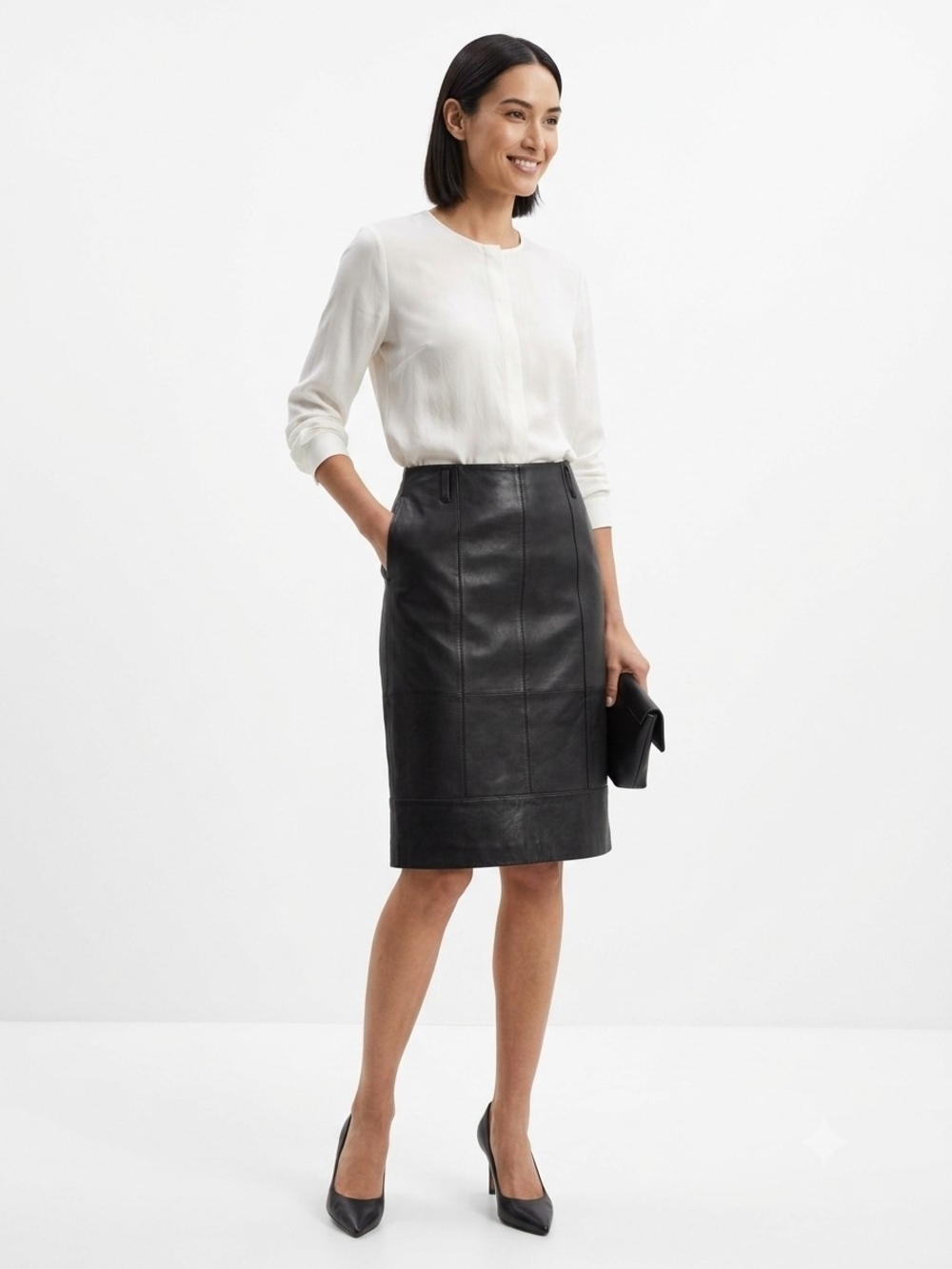 Laundry By Shelli Segal Black 100% Leather Vertical Panel Pencil Skirt Size 4